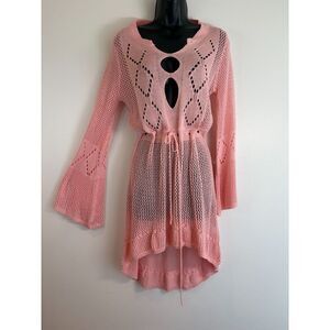 Vintage Pink Crocheted Dress Bell Sleeves Drawstring Waist One Size